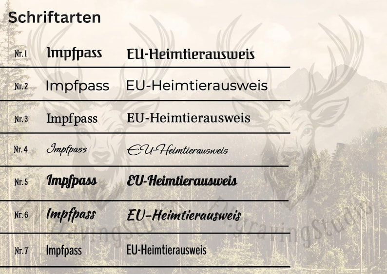 Peut inclure: Un tableau intitul&eacute; Schriftarten pr&eacute;sentant sept options de polices num&eacute;rot&eacute;es pour le texte Impfpass et EU-Heimtierausweis. Chaque ligne affiche les deux m&ecirc;mes expressions dans une police distincte, allant du style serif au cursif.