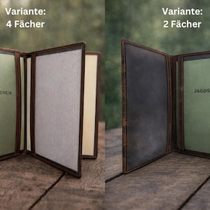 May include: Two brown leather document holders displayed side-by-side. The left holder is labeled 'Variante: 4 F&auml;cher' and shows four internal clear sleeves. The right holder is labeled 'Variante: 2 F&auml;cher' and shows two sleeves. Both contain a green document marked 'JAGDSCHEIN'.