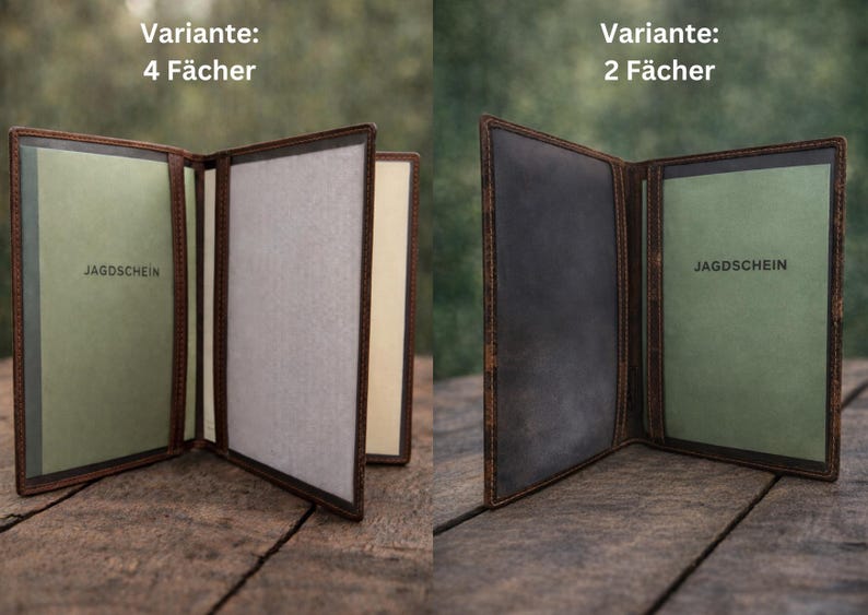 May include: Two brown leather document holders displayed side-by-side. The left holder is labeled 'Variante: 4 F&auml;cher' and shows four internal clear sleeves. The right holder is labeled 'Variante: 2 F&auml;cher' and shows two sleeves. Both contain a green document marked 'JAGDSCHEIN'.