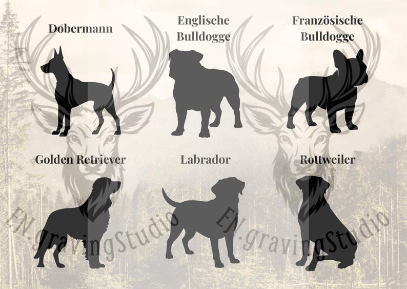 Peut inclure: Une collection de six silhouettes de chiens noires dispos&eacute;es sur deux rang&eacute;es, &eacute;tiquet&eacute;es Dobermann, Englische Bulldogge, Franz&ouml;sische Bulldogge, Golden Retriever, Labrador et Rottweiler, avec le texte EN.gravingStudio sur le fond.