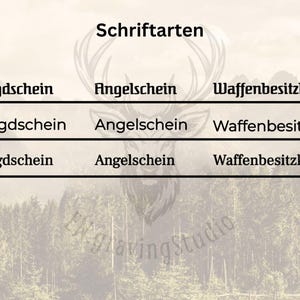 May include: A chart titled Schriftarten displaying three rows of text options labeled Nr.1, Nr.2, and Nr.3. Each row features the words Jagdschein, Angelschein, and Waffenbesitzkarte in distinct black fonts against a light background with a deer head.