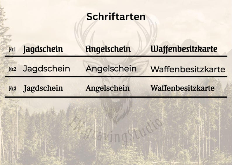 May include: A chart titled Schriftarten displaying three rows of text options labeled Nr.1, Nr.2, and Nr.3. Each row features the words Jagdschein, Angelschein, and Waffenbesitzkarte in distinct black fonts against a light background with a deer head.