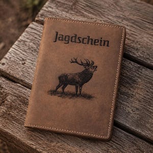 Könnte beinhalten: Ein brauner Ledereinband mit dem Wort Jagdschein in dunkler Schrift oben und einer detaillierten Abbildung eines Hirsches, der im Gras steht, darunter. Der Einband weist sichtbare Nähte an den Rändern und eine matte Textur auf.