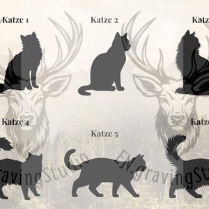 Peut inclure: Six silhouettes de chats noirs dispos&eacute;es sur deux rang&eacute;es, &eacute;tiquet&eacute;es Katze 1 &agrave; Katze 6. Les chats sont repr&eacute;sent&eacute;s dans diverses postures, assises ou marchant, certains avec des poils longs et touffus, d'autres avec des contours de poils courts.