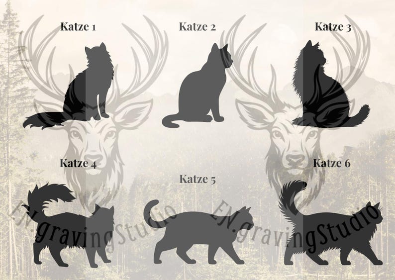 Peut inclure: Six silhouettes de chats noirs dispos&eacute;es sur deux rang&eacute;es, &eacute;tiquet&eacute;es Katze 1 &agrave; Katze 6. Les chats sont repr&eacute;sent&eacute;s dans diverses postures, assises ou marchant, certains avec des poils longs et touffus, d'autres avec des contours de poils courts.