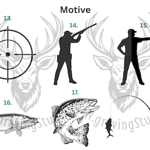May include: A collection of black graphic designs labeled Motive with numbers 13 through 18. The images include a target, a person aiming a rifle, a person aiming a handgun, a fish, a leaping trout, and a person fishing with a rod and reel.