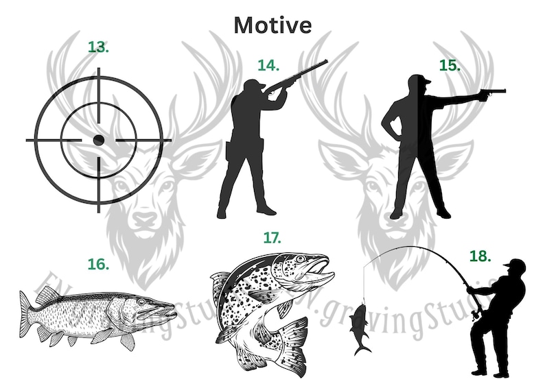 May include: A collection of black graphic designs labeled Motive with numbers 13 through 18. The images include a target, a person aiming a rifle, a person aiming a handgun, a fish, a leaping trout, and a person fishing with a rod and reel.