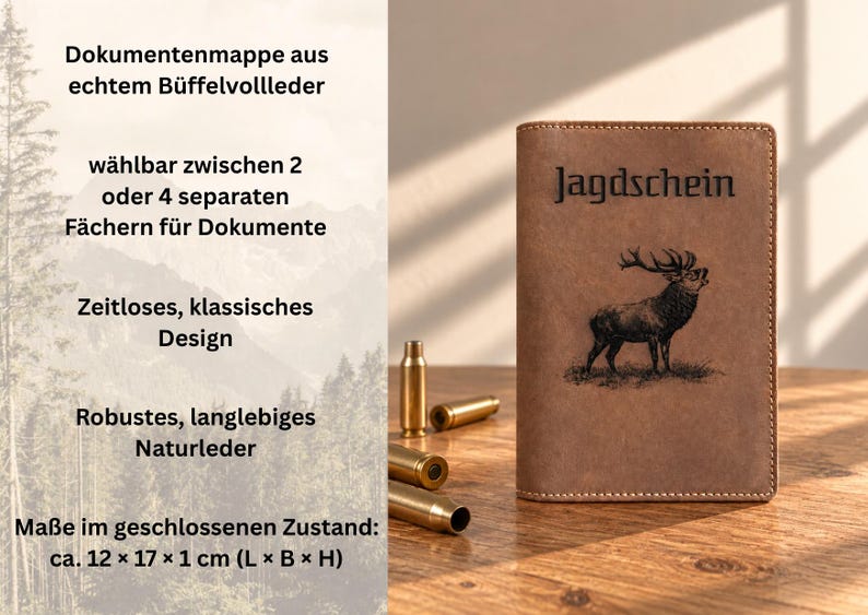 May include: A brown leather document holder featuring an embossed stag and the text "Jagdschein" on the front cover. Three brass-colored metallic bullet casings are positioned to the left of the holder, which measures 12 x 17 x 1 cm.