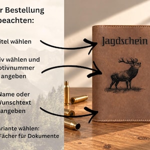 May include: A brown leather document holder featuring the engraved text Jagdschein and a detailed illustration of a stag. The cover includes instructions for customization, including selecting a title, motif number, and personal text.