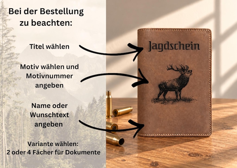 May include: A brown leather document holder featuring the engraved text Jagdschein and a detailed illustration of a stag. The cover includes instructions for customization, including selecting a title, motif number, and personal text.