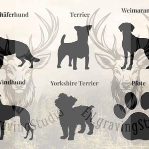 Peut inclure: Une collection de silhouettes de chiens noires et une empreinte de patte sur un fond clair. Les &eacute;tiquettes incluent Sch&auml;ferhund, Terrier, Weimaraner, Windhund, Yorkshire Terrier et Pfote. Le texte EN.gravingStudio est visible en bas.