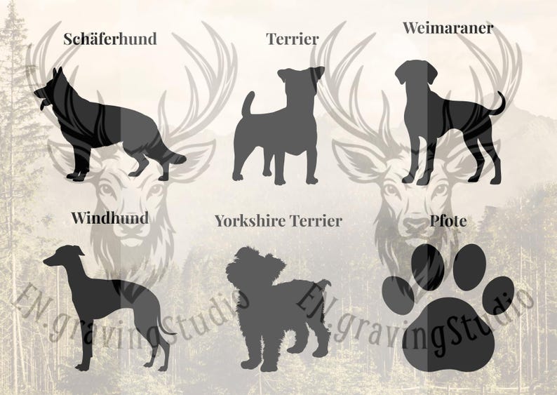 Peut inclure: Une collection de silhouettes de chiens noires et une empreinte de patte sur un fond clair. Les &eacute;tiquettes incluent Sch&auml;ferhund, Terrier, Weimaraner, Windhund, Yorkshire Terrier et Pfote. Le texte EN.gravingStudio est visible en bas.