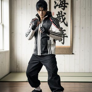 Può includere: Una persona indossa una giacca bianca e nera con dettagli rossi, pantaloni neri e guanti neri. La giacca ha una cerniera e tasche. Lo sfondo include una pergamena con caratteri giapponesi.