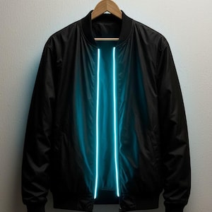 Puede incluir: Chaqueta bomber negra con dos tiras verticales de luz de neón azul brillante en la parte delantera. La chaqueta está colgada de una percha de madera contra una pared blanca. La chaqueta tiene cuello y puños acanalados.