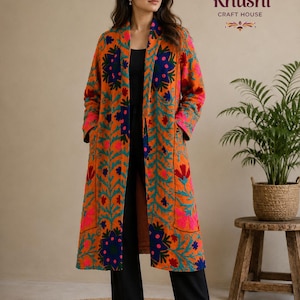 Kimono da donna in cotone suzani, giacca lunga boho ricamata a mano con motivi floreali, vestaglia lunga.