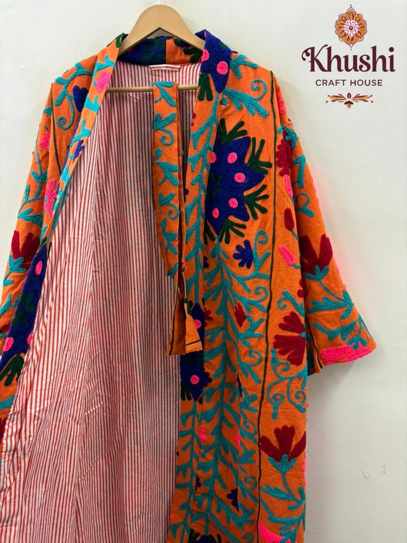 Kimono da donna in cotone Suzani, giacca lunga boho con ricami floreali ...
