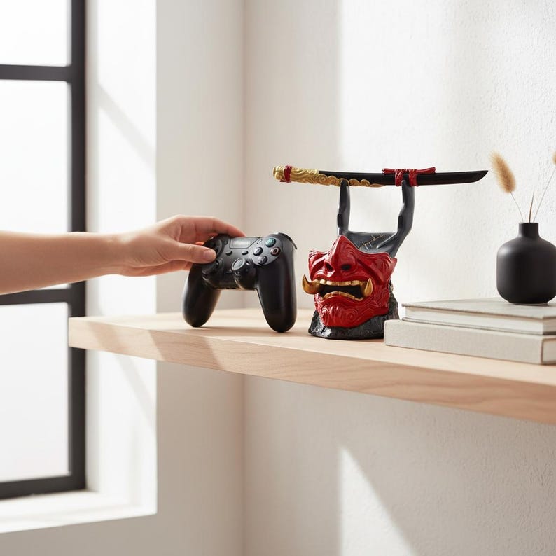 K&ouml;nnte beinhalten: Ein schwarzer Videospiel-Controller neben einem rot-schwarzen dekorativen St&auml;nder mit einem japanischen D&auml;monenmasken-Design. Der St&auml;nder h&auml;lt ein schwarzes Schwert mit goldenen Akzenten. Die Artikel befinden sich auf einem hellen Holzregal.