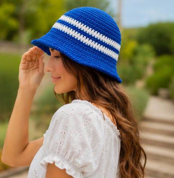 Crochet Bucket Hat Blue White Handmade Sun Hat for Women