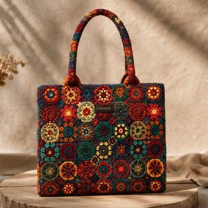 May include: A rectangular crochet handbag featuring a vibrant, multi-colored floral pattern made of interconnected circular motifs in shades of red, yellow, green, and blue. The bag includes two matching crochet handles and a small rectangular tag labeled HANDMADE.