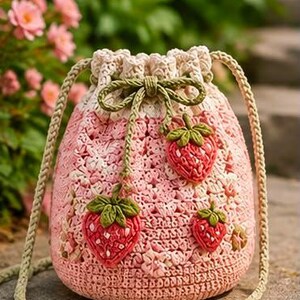 May include: A light pink crochet drawstring bag featuring a textured pattern and three attached strawberry motifs with green leaves. The bag has a cream-coloured braided shoulder strap and a matching drawstring closure tied in a bow at the top.