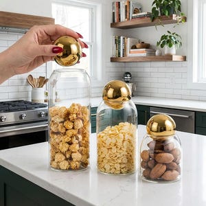 Airtight Glass Pantry Jar, Borosilicate Kitchen Canister, Coffee Bar Storage, Gold Silver Cork Lid, Dry Goods Organizer, Housewarming Gift