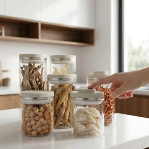 Press Button Airtight Glass Jar, Kitchen Canister Silicone Seal, Measured Pantry Storage, Minimalist Organizer, Housewarming Gift
