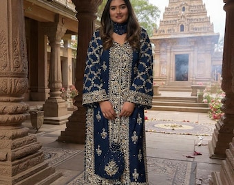 Navy Blue Pakistani Formal Embroidered Suit 3 Piece | Wedding Party Wear | Luxury Gold Zardozi Embellished Outfit | Women Designer Dress