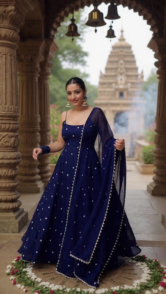 ethnic blue dress Women Indian Navy Blue Abstract Printed A-Line Ethnic Dresses L / Navy