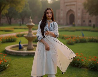White Embroidered Salwar Kameez With Dupatta | Pakistani Indian Wedding Suit | Eid Party Wear | Custom Stitched Women Dress |