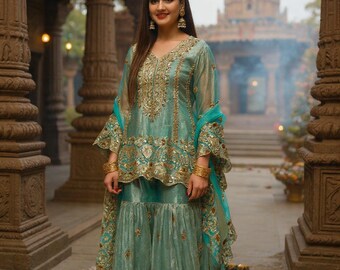 Luxury Pakistani Bridal Sharara Set | Turquoise Green Wedding Dress | Embroidered Formal Suit | Pakistani Gharara | Eid Party Wear