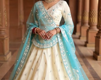 Sky Blue Ivory Lehenga Choli Set: Wedding Bridal Party Wear, Sequin Embroidery, Indian Designer Lengha Choli