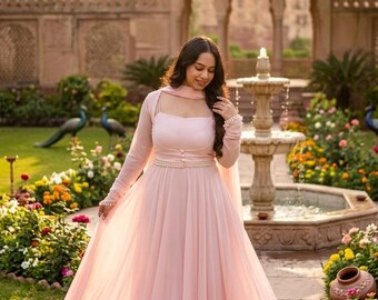 Blush Pink Anarkali Gown, Indian Wedding Guest Dress, Georgette 3pc Readymade Ethnic Set, Sangeet Mehndi Bridesmaid Outfit