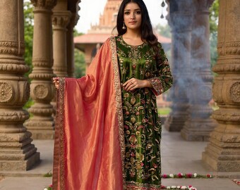 Embroidered Pakistani Suit Green Velvet Palazzo Set Wedding Party Salwar Kameez with Dupatta
