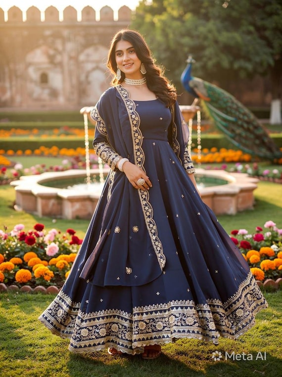 blue colour anarkali dress Gown With Dupatta Navy | Indian Wedding Party Wear | Sequin Embroidered Georgette 3pc Set Lace