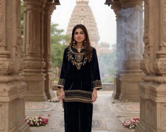 Luxury Navy Blue Velvet Pakistani Suit, Embroidered Wedding Salwar Kameez, Party Wear Designer Dress, Festive Ethnic Outfit