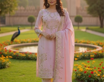 Pink Salwar Suit Set | Indian Wedding Outfit Women | Embroidered Pakistani Kurta | Desi Party Wear | Blush Silk Kameez Dupatta