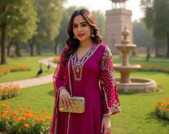 Magenta Pakistani Salwar Kameez | Embroidered Wedding Party Suit | Designer 3PC Dupatta Set | Formal Eid Wear | Readymade Pakistani Dress