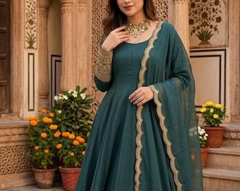 Designer Teal Anarkali Suit Set | Readymade Indian Ethnic Wear | Wedding Guest Dress with Organza Dupatta