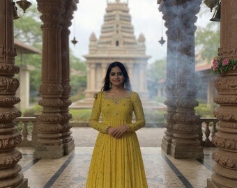 Yellow Anarkali Dress for Women | Embroidered Pakistani Indian Gown | Wedding Party Lehenga | Ethnic Formal Wear | Festive Outfit