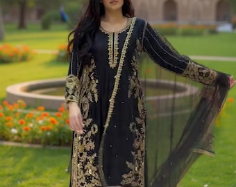 Embroidered Salwar Kameez Set | Pakistani Designer Palazzo Suit With Dupatta | Eid Wedding Party Wear | Gold Zari Work Ethnic Dress Women