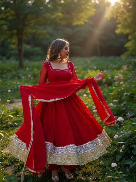 red ethnic dress Luxury Red and Gold Silk Knee-Length Dress