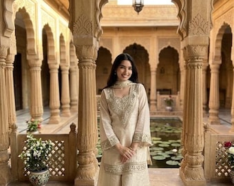 Ivory Silk Anarkali Kurta Pant Dupatta Set | Real Mirror Work Embroidered Indian Ethnic Wear | Wedding Festive 3Pc Suit