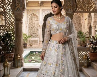 White Bridal Lehenga Choli, Mirror Work Sequin Wedding Dress, Butterfly Net Indian Bridal Outfit, Dupatta Set