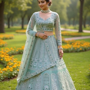 Sage Green Lehenga Choli Set | Net Sequin Coding Work | Indian Wedding Partywear | Bridesmaid Outfit | Semi Stitched Ghagra