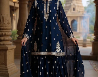 Navy Blue Pakistani Suit with Gold Embroidery | Formal Salwar Kameez Dress | Designer Pakistani Wedding Outfit