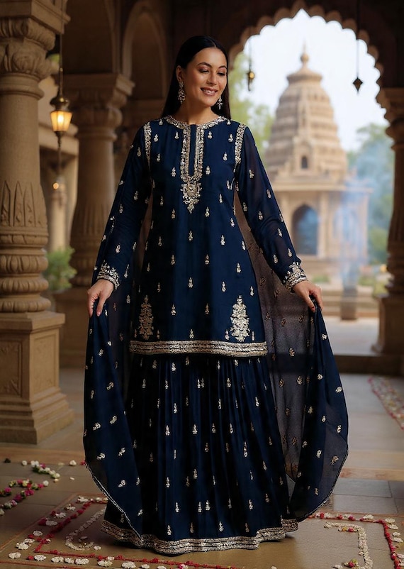 navy blue and gold pakistani dress RANGREZA NAVY Gharara Eid modern pakistani clothing Soft Cotton – Rangreza main image 0
