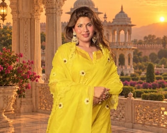 Yellow Organza 4 Piece Suit Set, Floral Embroidered Kurta Shrug Dupatta Palazzo, Festive Indian Outfit, Diwali Party Wear Gift for Her