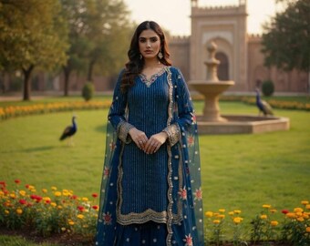 Royal Teal Sharara Suit Set | Designer Indian Ethnic Wear | Wedding Party Sequin Embroidered Salwar Kameez Dupatta | Eid Diwali Gift