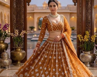 Mustard Mirror Work Lehenga Choli Set, Bridal Georgette Indian Wedding Dress, Sequin Embroidery Chaniya Dupatta