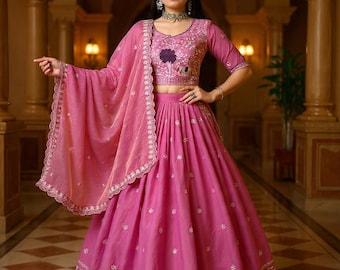 Pink Embroidered Lehenga Choli with Dupatta | Wedding Party Wear Ethnic Indian Dress | Designer Bridal Sangeet Outfit